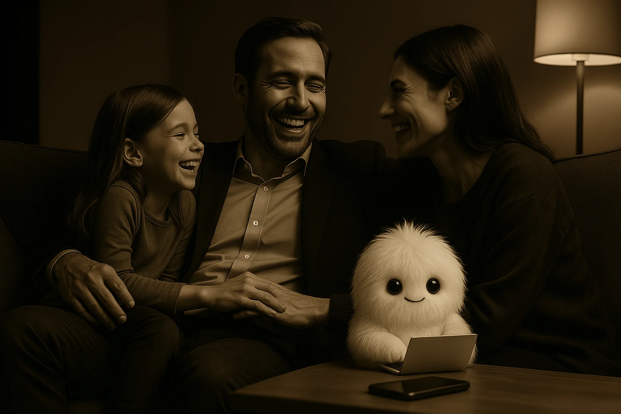 Un courtier rit avec sa famille pendant que la mascotte OLA travaille sur un petit ordinateur